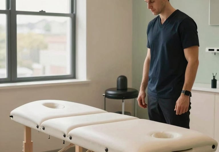 A high-end chiropractor's treatment room featuring a modern adjustment table. The room has Soft Sand walls and Sage Green accents, with natural light pouring through a window, reflecting a professional and trustworthy healthcare environment.