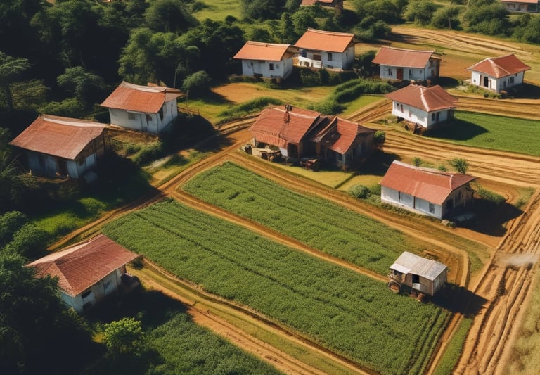 A sunny urban plot near paved roads and streetlights.