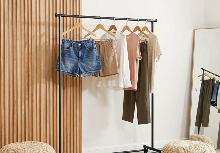 A vibrant display of colorful clothing and stylish accessories neatly arranged on wooden shelves in a cozy boutique setting.