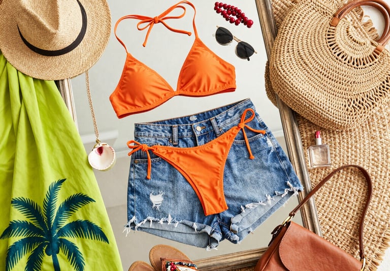 A vibrant display of colorful clothing and stylish accessories neatly arranged on wooden shelves in a cozy boutique setting.