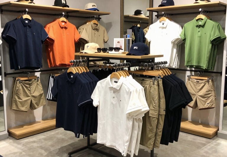 A vibrant display of colorful clothing and stylish accessories neatly arranged on wooden shelves in a cozy boutique setting.