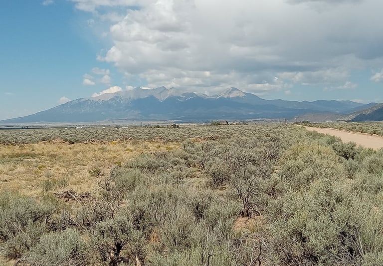 a dirt road with a dirt road and mountains in the background