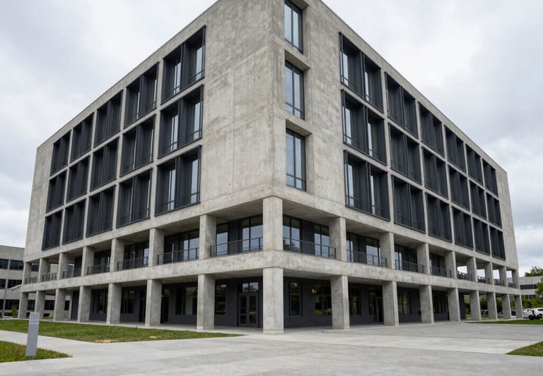 Symmetrical wide-angle architectural shot of a modern concrete and steel institutional headquarters building under overcast daylight, clean lines, high-contrast shadows