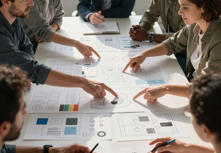 Wide editorial shot of a diverse agency team gathered around a large table covered in brand concept boards, hands pointing at sketches, documentary office lighting, late-afternoon window light catching the paper, shot from a slightly elevated angle
