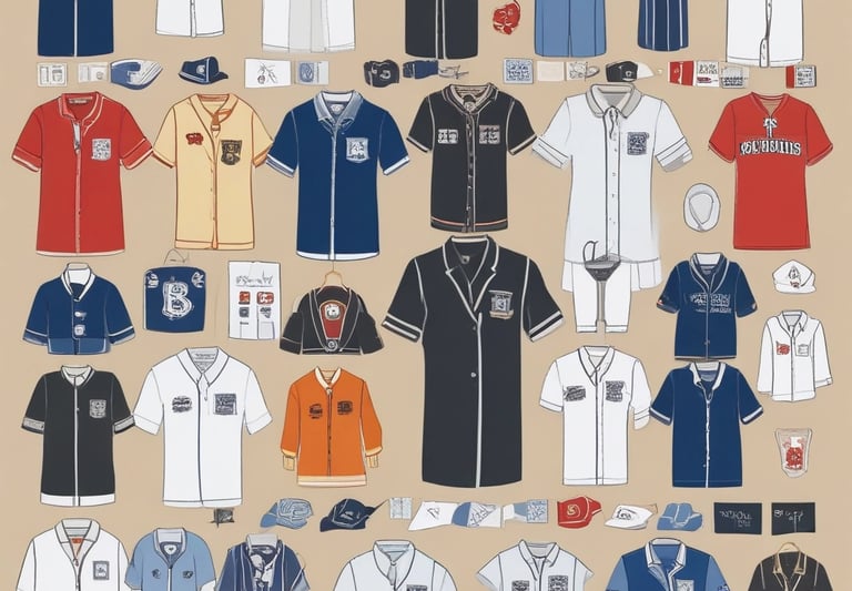 A neatly arranged display of school, corporate, and hospital uniforms on mannequins.