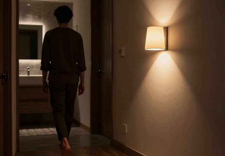 A sleek black and gold smart home gadget glowing softly on a modern wooden table.