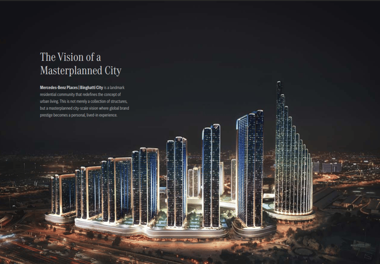 Night skyline of Mercedes-Benz Places in Binghatti City showing illuminated luxury residential skyscrapers.