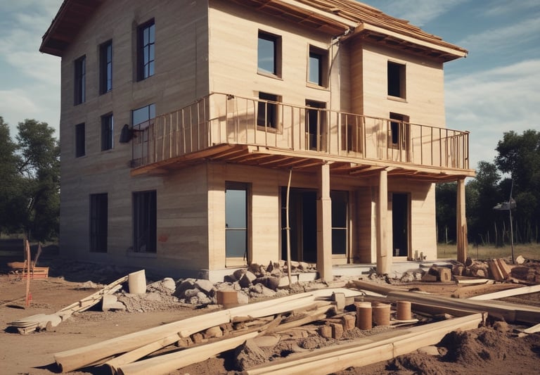 Modern two-story house with large windows and a garden in the front.
