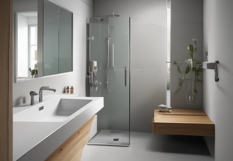 A partially constructed or renovated interior space featuring exposed brick walls and wooden ceilings. A white door is visible in the background next to a red painted wall. A plastic sheet covers furniture on the right side, and there are construction materials scattered across the floor.