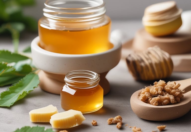 A jar filled with golden honey sits on a dark surface, capped with a lid featuring a honeycomb pattern. Beside it are fresh mandarin segments and a whole mandarin, accompanied by delicate white flowers with hints of peach color. The scene is lit with warm, subdued lighting that highlights the rich amber tones of the honey and the bright orange of the fruit.
