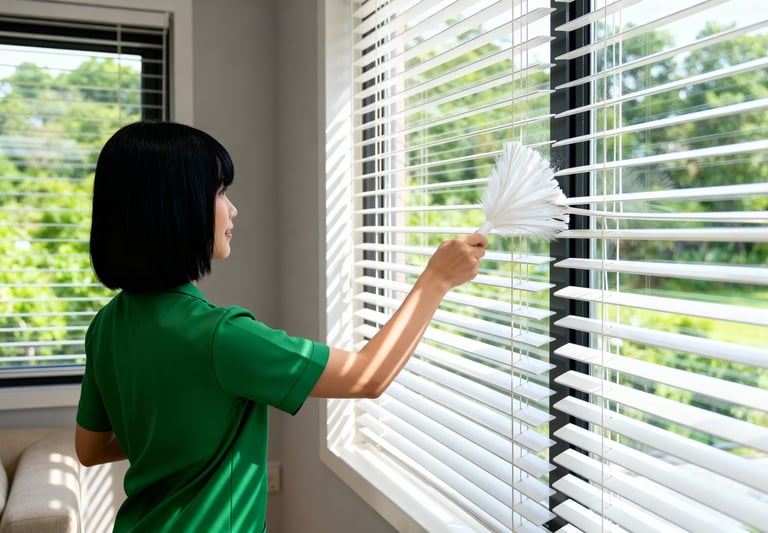 An image of a woman dusting the blinds on a window with a hand duster.