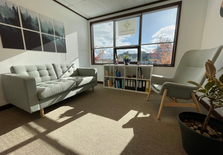 The practice with a green couch and chair next to a big window with sun shining in