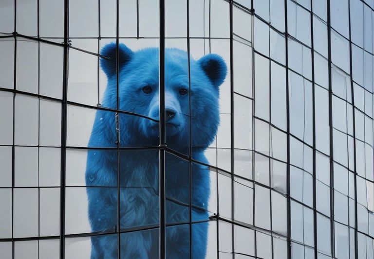 blue bear leaning on glass building