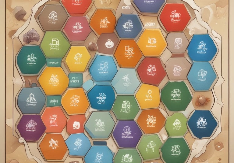 A board game is laid out on a wooden table with hexagonal tiles and various wooden pieces, including houses and roads. Some tiles have numerical tokens on them. There is a box in the background, along with cards and a mobile phone nearby.