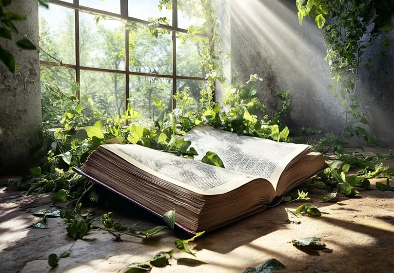 Livre ancien ouvert, baigné de lumière naturelle dans une pièce envahie par la nature, symbole de sa