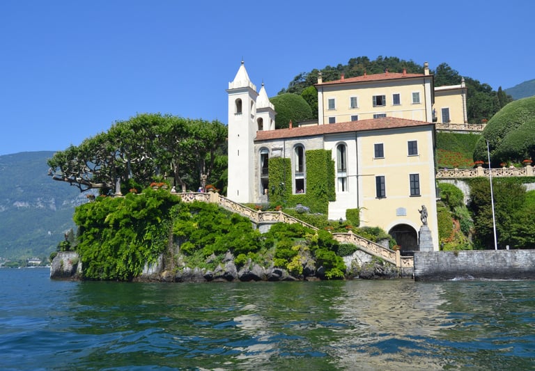 Villa del Balbianello on Lake Como, historic villa with lush gardens and panoramic lake views.