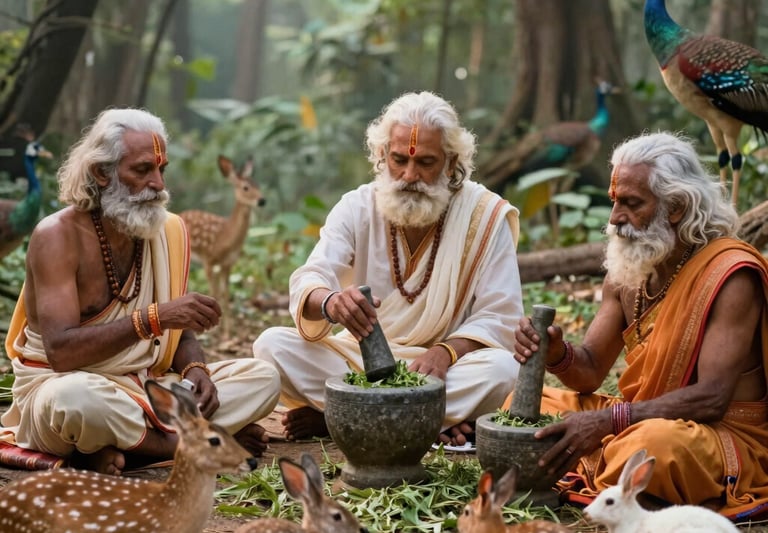 A vibrant assortment of fresh Indian medicinal herbs arranged on a rustic wooden table, showcasing their natural textures and colors.