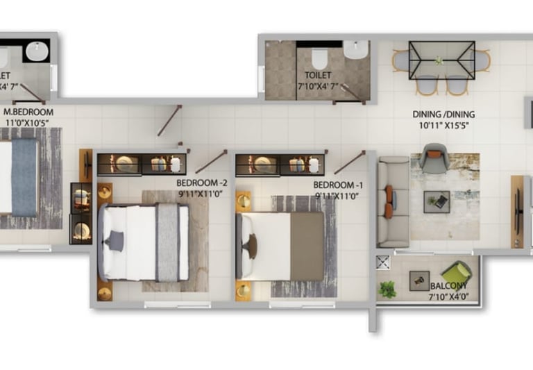 Provident Sunworth 3bhk floor plan Price Carpet area