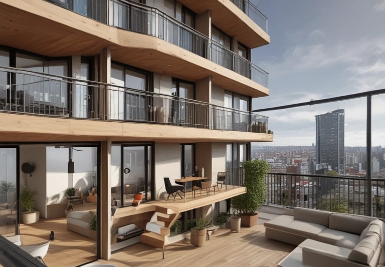 A bustling city street filled with new construction and real estate signage.