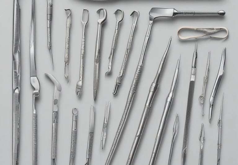 A variety of surgical supplies displayed in an organized manner.