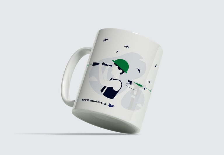Taza con ilustración para Bird Control Group, exhibiendo la identidad visual renovada y la paleta de colores actualizada.