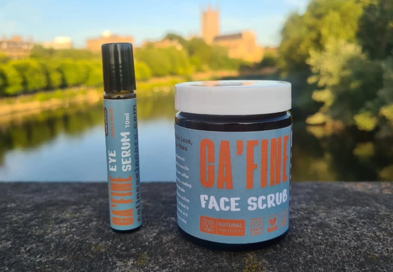 Cafine skincare products on worcester bridge with cathedral in the background