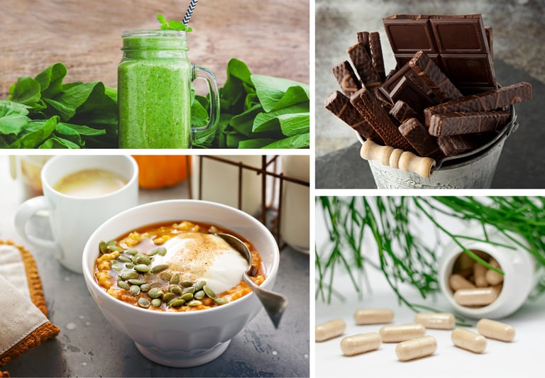 Magnesium-rich foods like spinach, bananas, pumpkin seeds, and almonds arranged in a wellness flat l