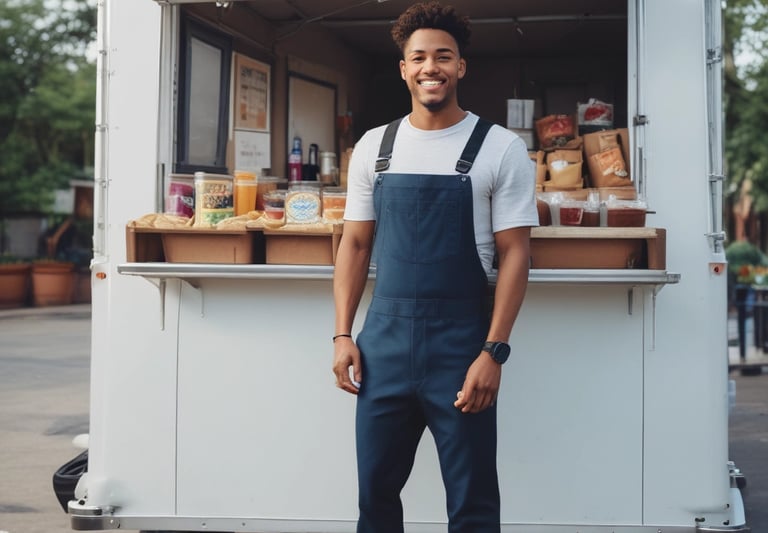 Man standing in front of a food truck wearing an apron, representing a small business owner and side
