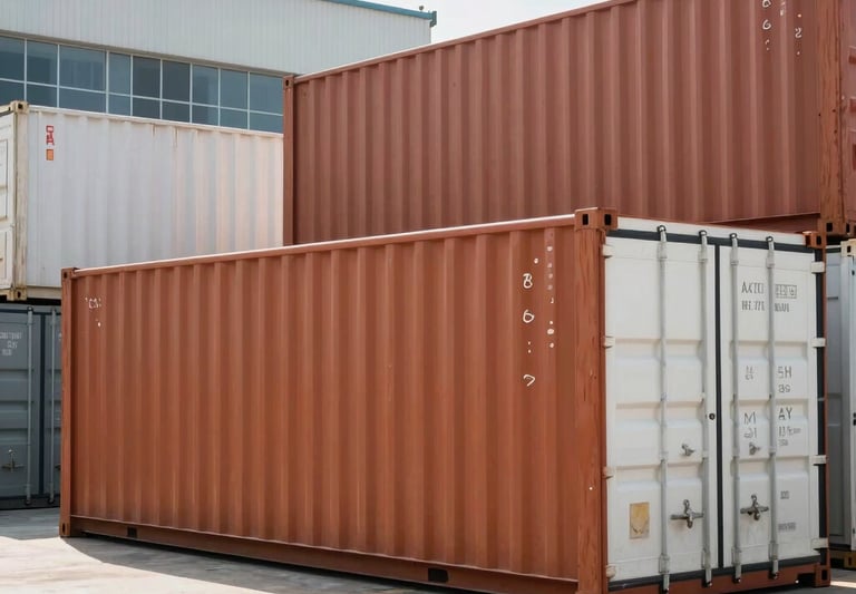 Crisp industrial editorial photography, shipping containers being loaded at a modern facility, bright natural light, sharp focus, 35mm