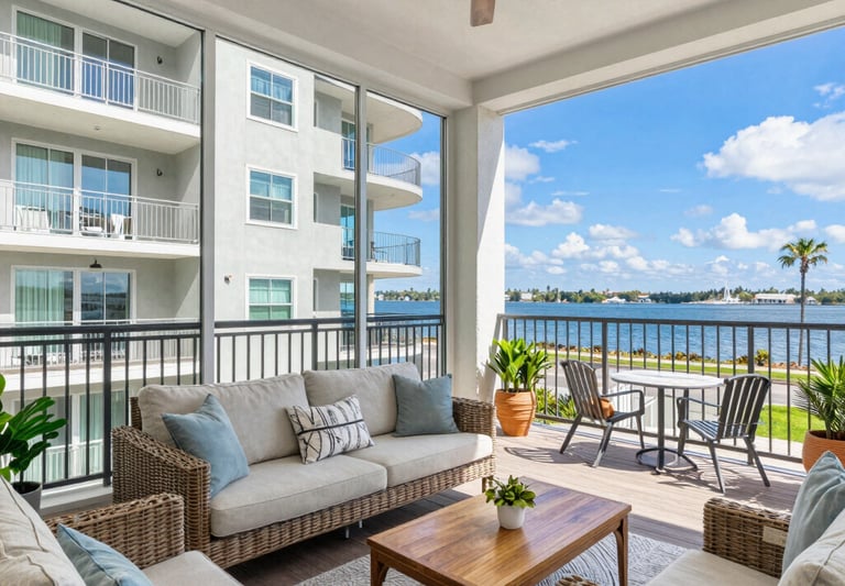 A sleek modern condo with a spacious balcony overlooking Kona’s marina and the sparkling Pacific Ocean.