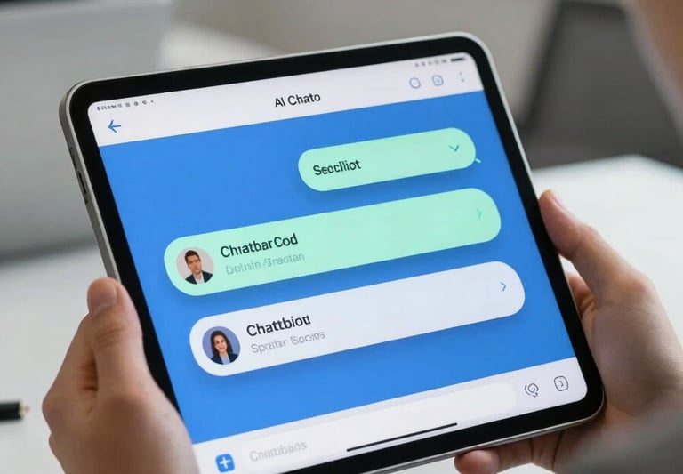 A close-up of a tablet screen displaying a modern AI chatbot interface with ocean blue and soft mint accents, held by a professional in a modern Latin American / Spanish office setting.