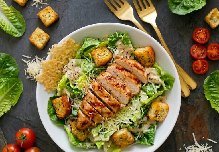 Fresh grilled chicken Caesar salad with romaine lettuce, croutons, and parmesan cheese in a white bowl.