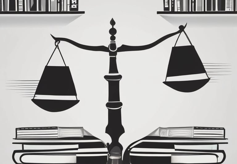 Dark blue themed image showing a digital calculator and legal books on a clean desk.