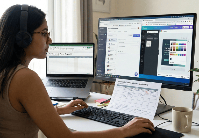 A photo-realistic image of a young woman working at a modern, sunlit desk with a laptop and a second