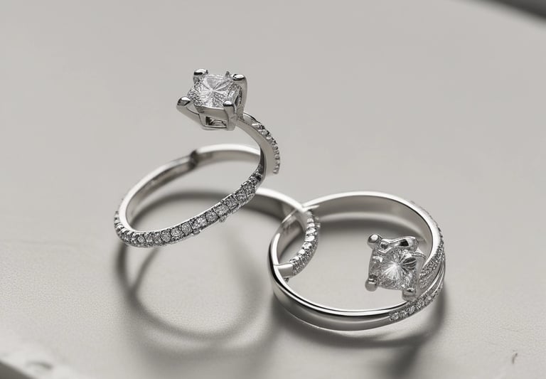 Close-up of a delicate Swiss gold ring with a subtle diamond, resting on a cream-colored fabric.