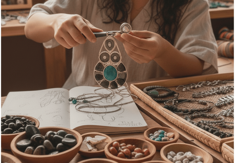 Joyero artesanal creando un collar con colgante de turquesa hecho a mano