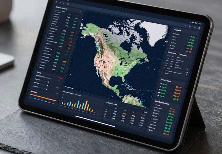 A high-end tablet on a slate grey desk displaying complex data charts and a North American energy grid map, sharp focus, professional office lighting, sophisticated tech atmosphere.