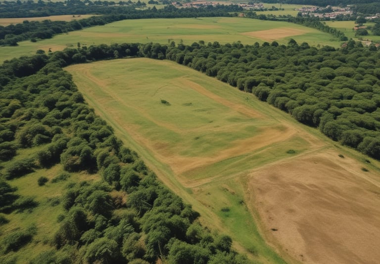 Open land with flat terrain and a dirt road leading into the distance.
