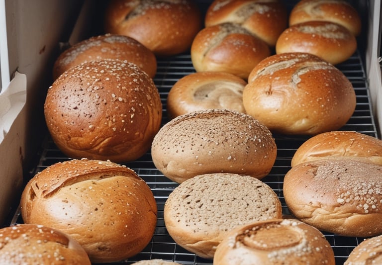 Freshly baked artisan bread loaves cooling on a wooden rack in a cozy bakery setting.