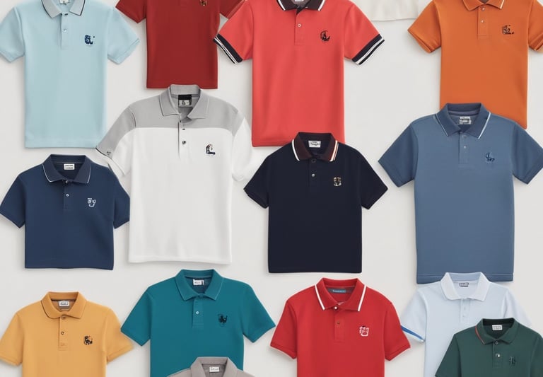 A vibrant display of customized corporate t-shirts neatly arranged on hangers in a bright, modern workspace.