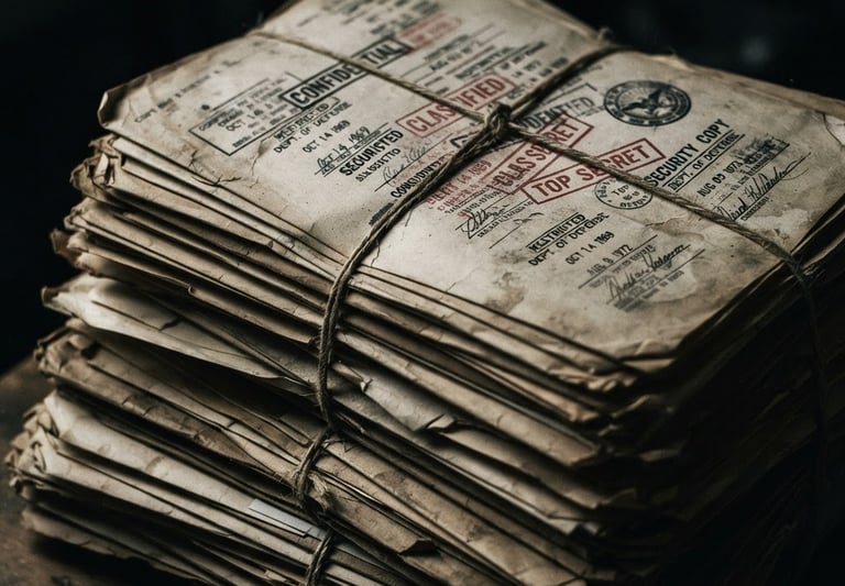 Close-up of a stack of old, stamped, confidential documents, dramatic high-contrast lighting, dark, moody shadows, analog film grain, 35mm lens, subtle Dutch angle, gritty documentary photography.