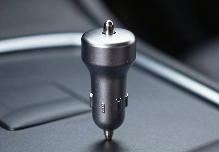 Close-up of a sleek zelvix™ fast charger glowing with electric blue neon accents on a dark futuristic surface.