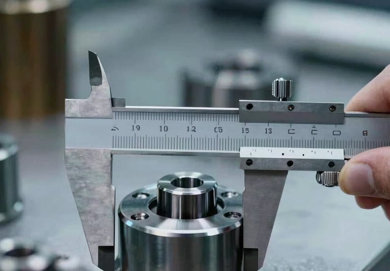 Macro close-up of technical calipers measuring a precision metal component on a cool-lit factory floor, sharp focus, 35mm lens, corporate industrial photography