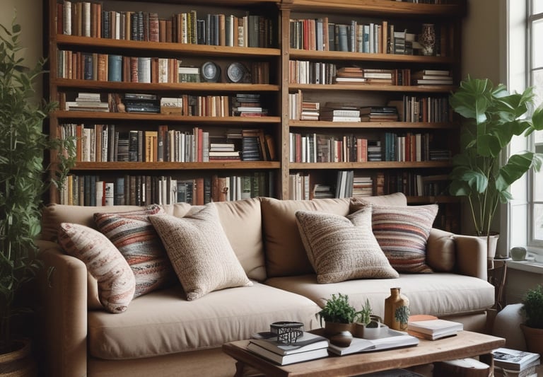 A cozy living room corner with soft throw pillows, a textured rug, and warm ambient lighting.