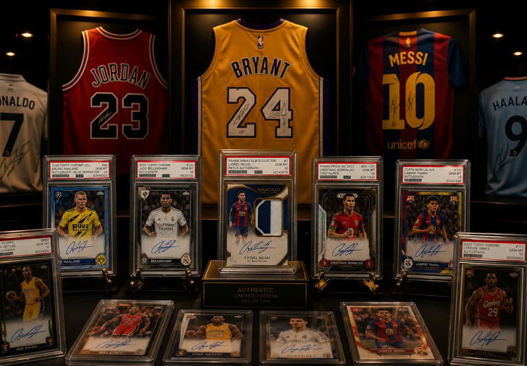 Eine Sammlung gerahmter Sporttrikots und signierter Sammelkarten mit Kobe Bryant, Lionel Messi und M