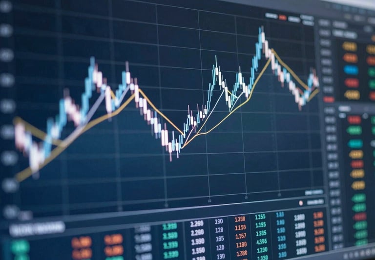 A close-up of a high-resolution digital display showing financial line graphs and cryptocurrency symbols in white and steel blue tones, professional office setting, North American / International context.