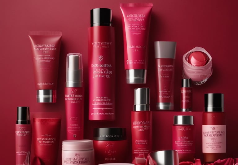 A soft, pastel-toned flat lay of skincare bottles, creams, and natural ingredients like aloe and lavender.