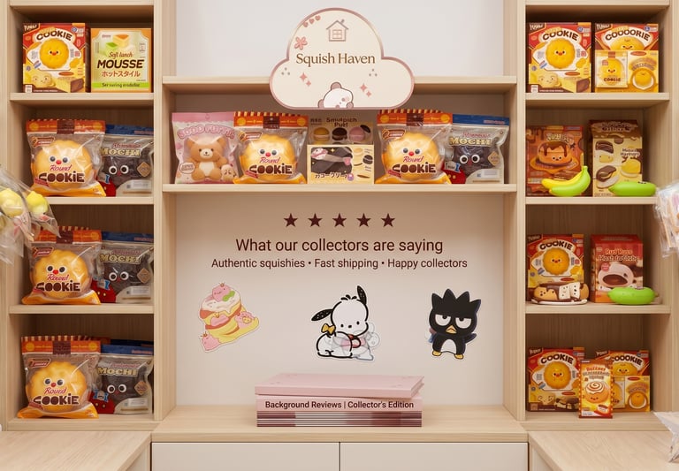Squish Haven rare squishy collection display with Mido and kawaii collectibles