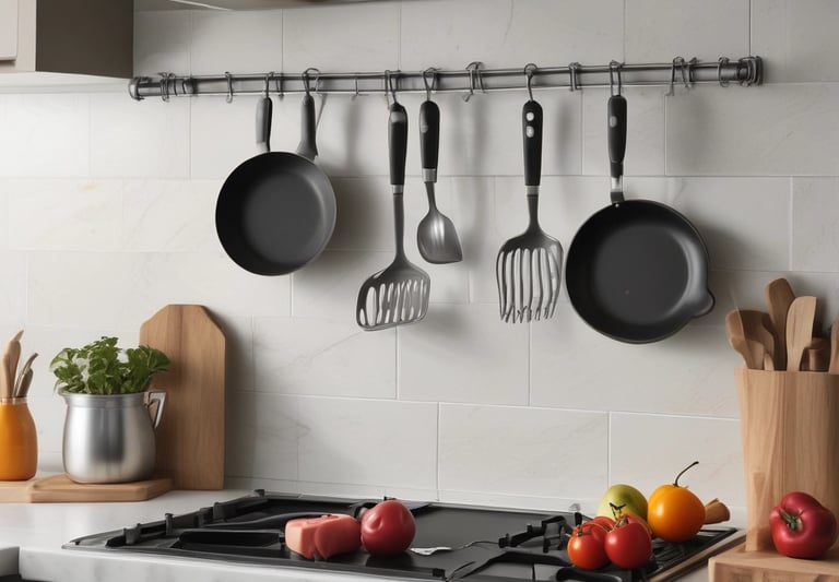 A neatly arranged display of modern kitchen gadgets on a bright countertop.