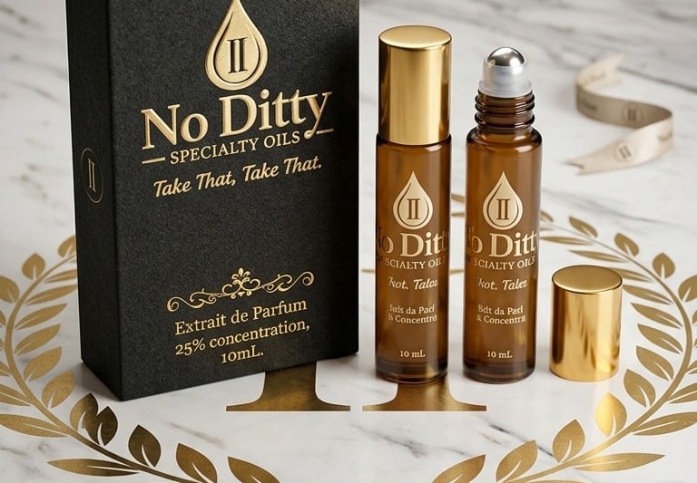 No Ditty Specialty Oil 25% Extrait de Parfum and Jojoba Oil Roll-on bottle and packaging